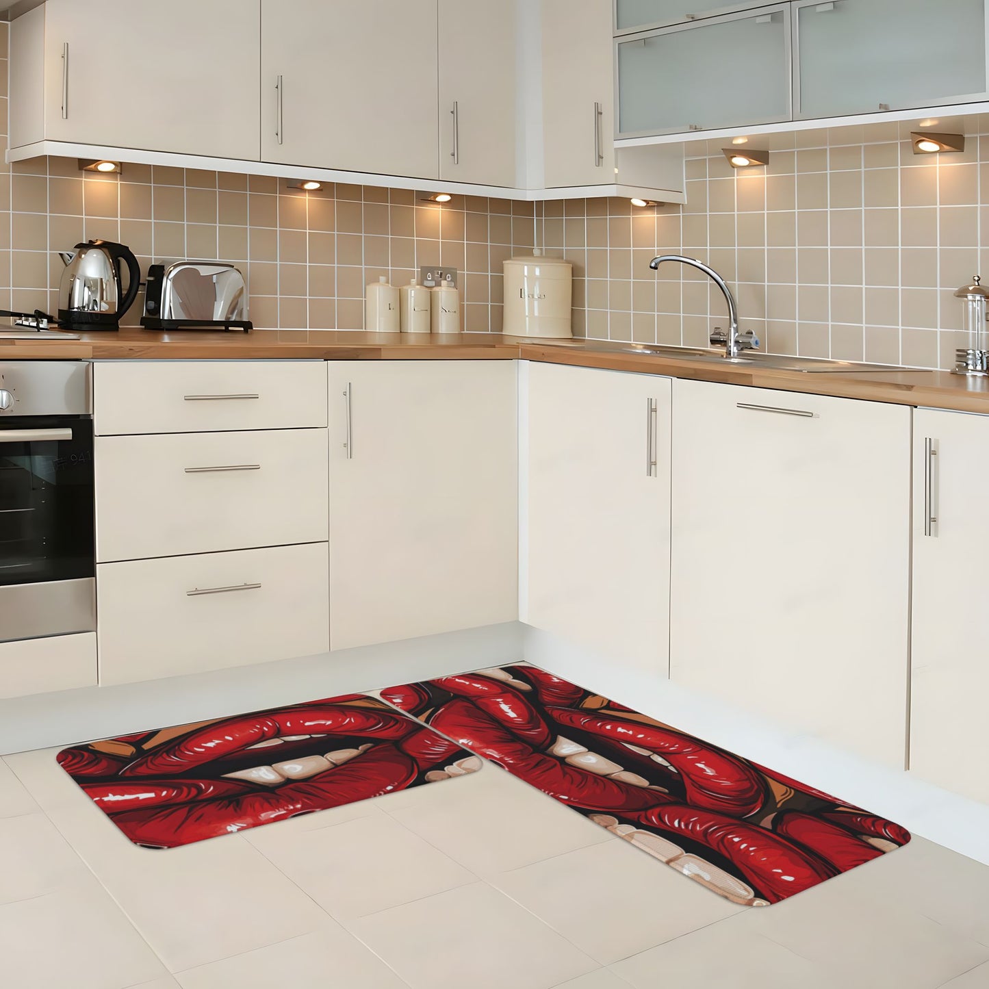 Artistic Red Lips Printed Kitchen Mat Set - Stylish Anti - Slip & Absorbent Mat Combo