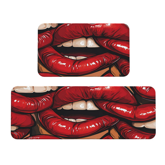 Artistic Red Lips Printed Kitchen Mat Set - Stylish Anti - Slip & Absorbent Mat Combo