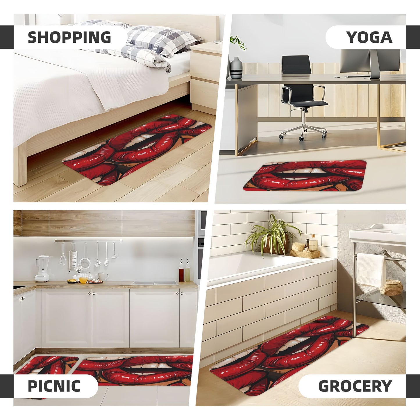 Artistic Red Lips Printed Kitchen Mat Set - Stylish Anti - Slip & Absorbent Mat Combo