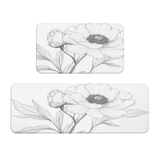 Line - Art Floral Kitchen Mat Set: Practical Mat Combination to Brighten Up the Kitchen with Artistic Strokes
