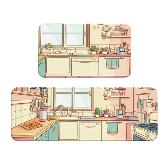 Cartoon Kitchen Scene Printed Mat Set - Fun - Adding Anti - Slip & Absorbent Kitchen Mats